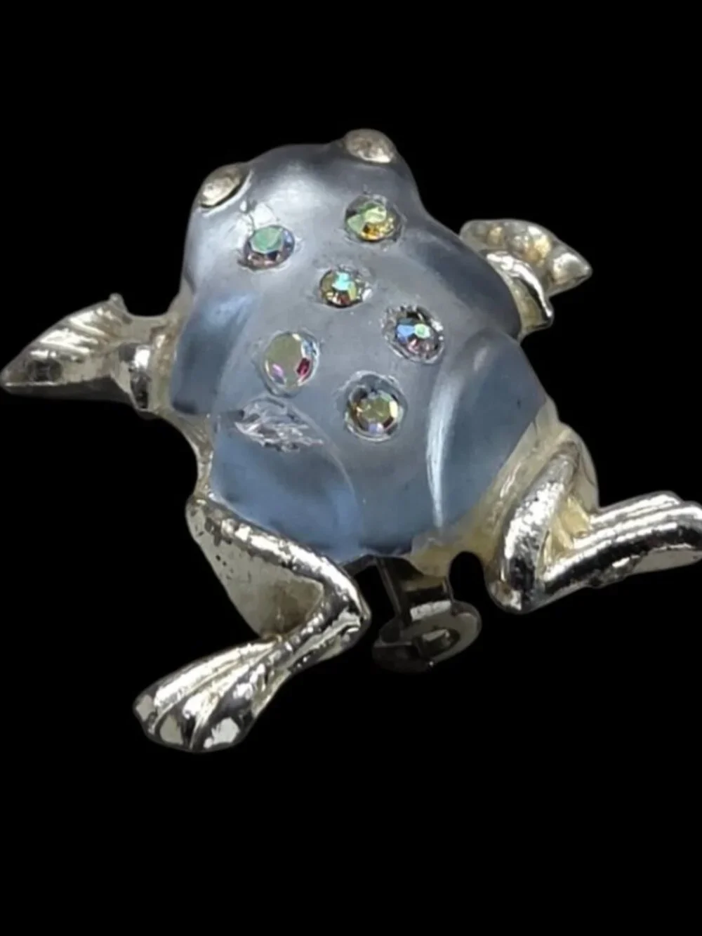 Vintage Silver Tone Jelly Belly Frog Brooch Pin with Aurora Borealis Rhinestones